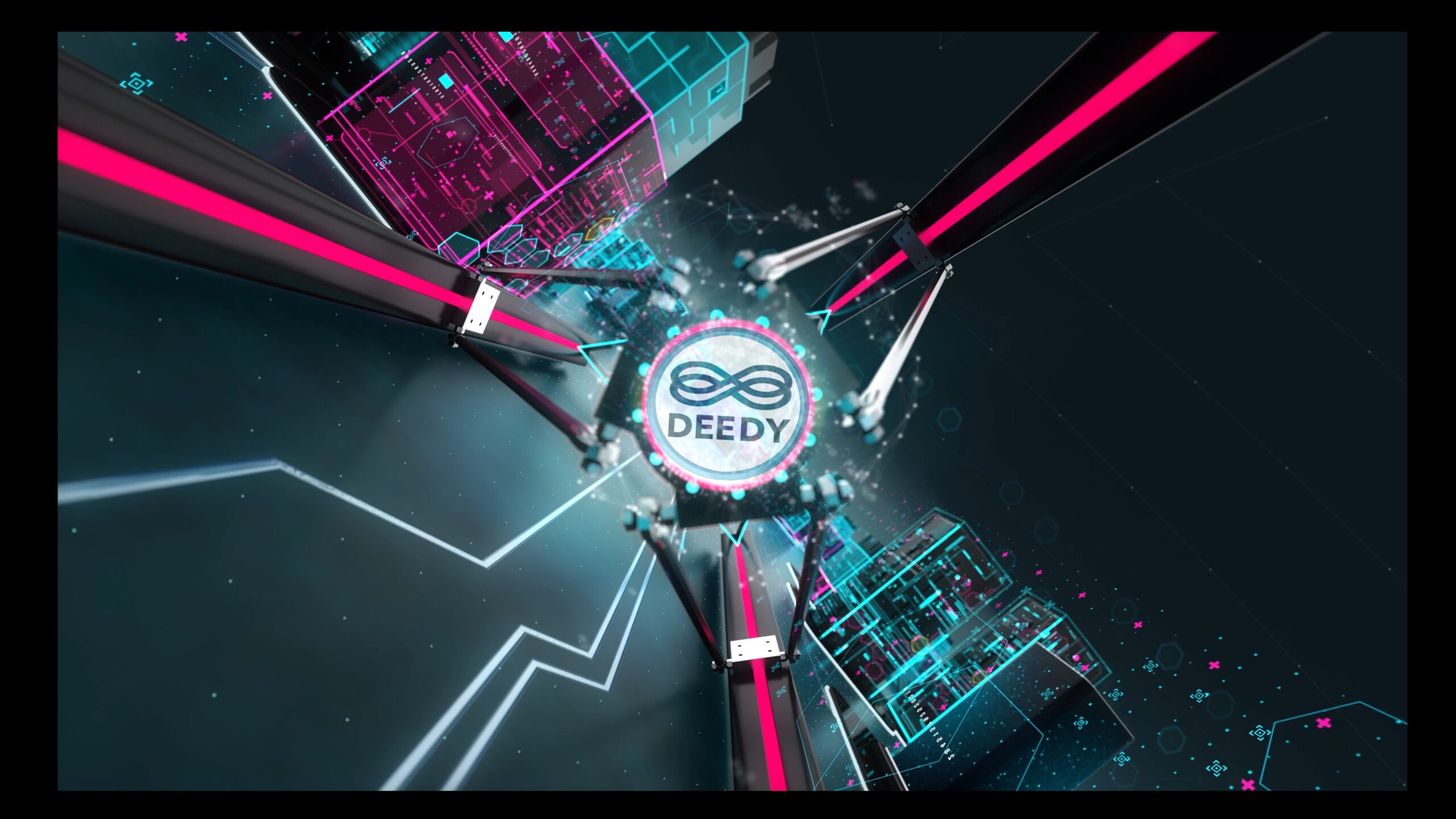 Deedy logo in the center of high-tech visuals